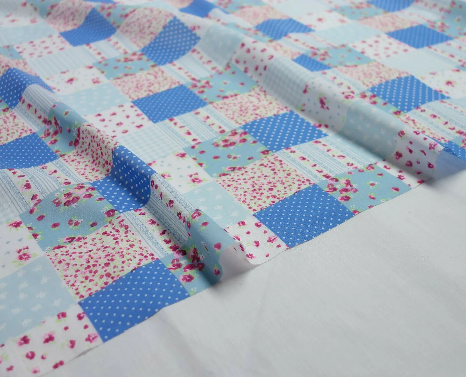 Patchwork Blue Shabby Chic Polycotton Floral Fabric