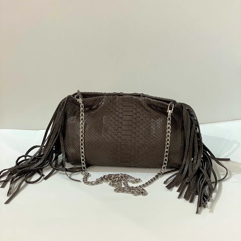 PYTHON FRINGED POUCH WITH CHAIN