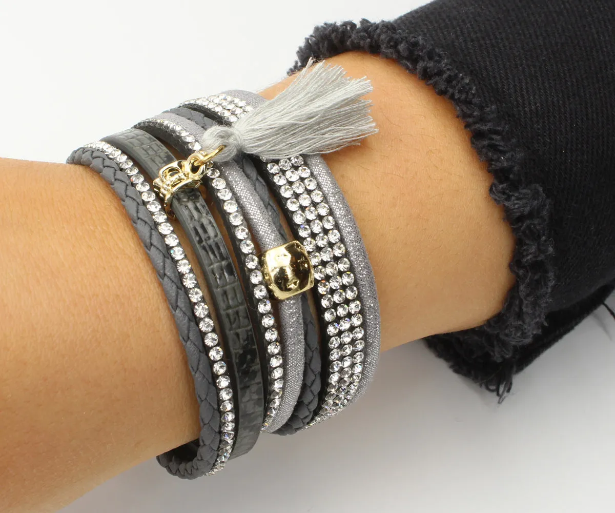 Rhinestone Tassel Gray Leather Bracelet