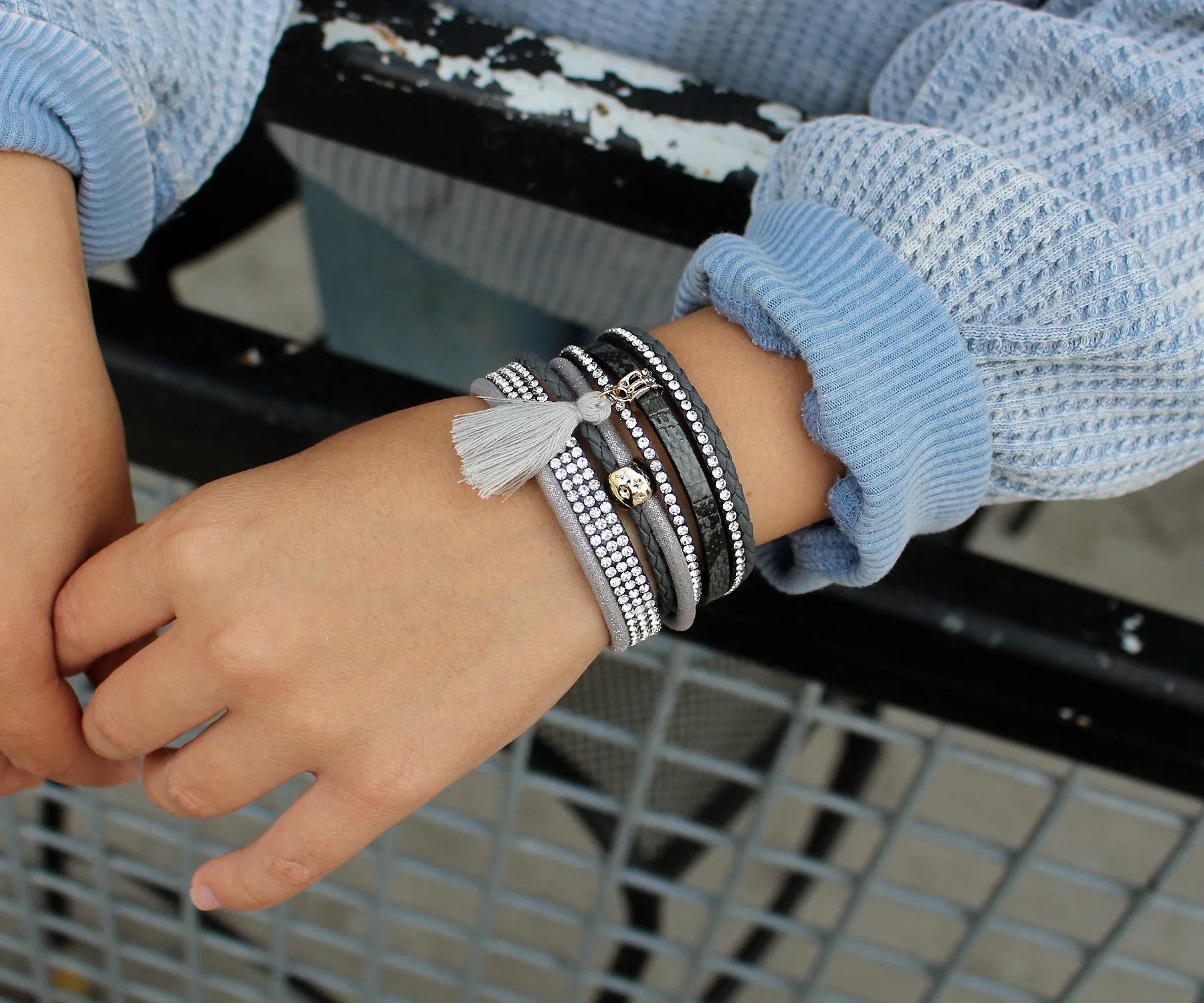Rhinestone Tassel Gray Leather Bracelet