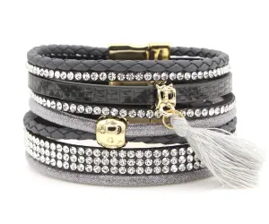 Rhinestone Tassel Gray Leather Bracelet