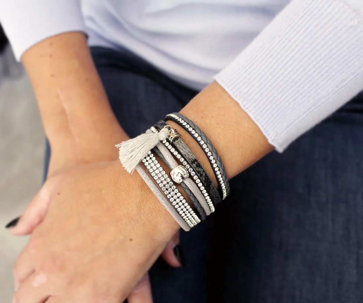 Rhinestone Tassel Gray Leather Bracelet