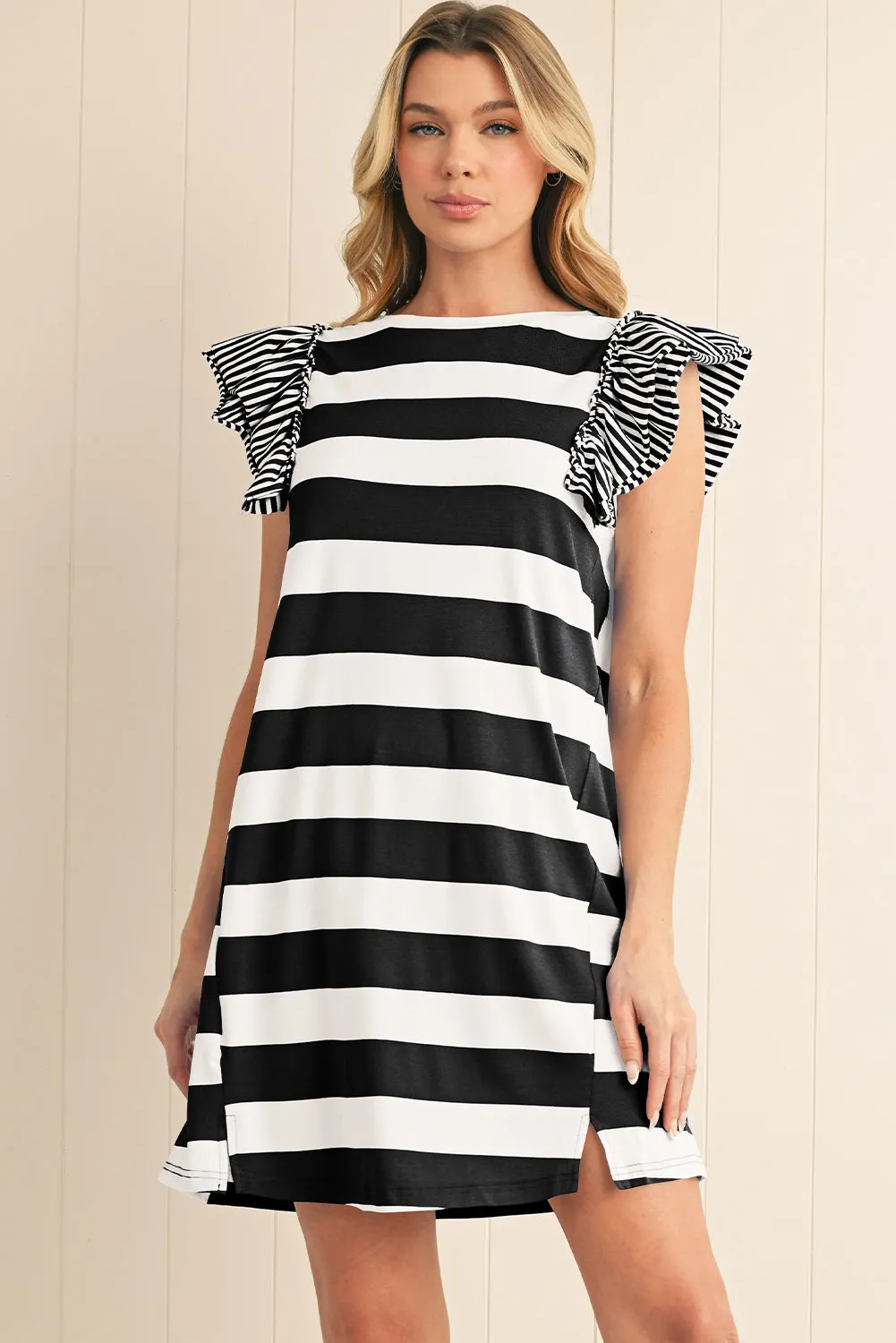 Sky Blue Stripe Ruffle Sleeve T-shirt Dress