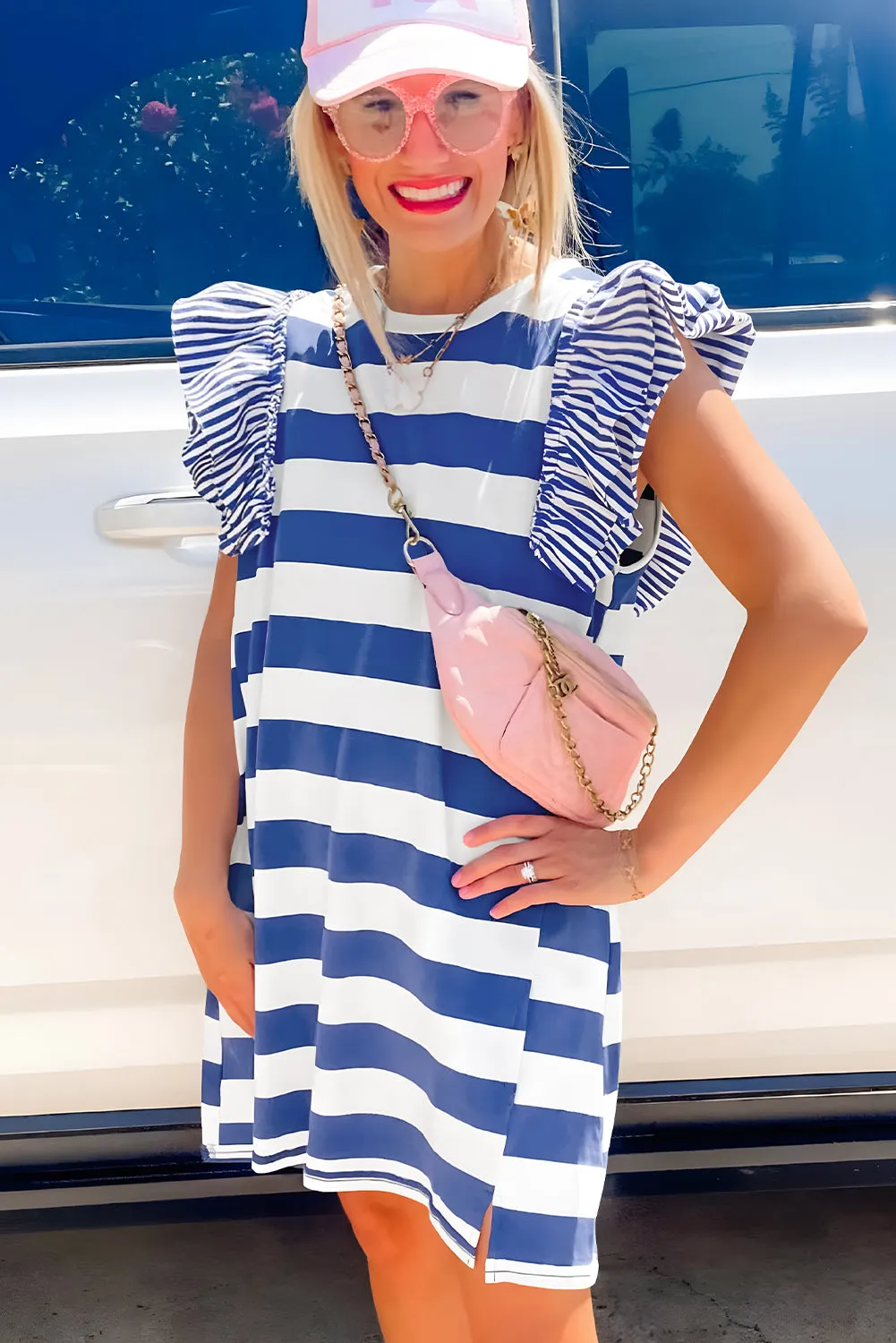 Sky Blue Stripe Ruffle Sleeve T-shirt Dress