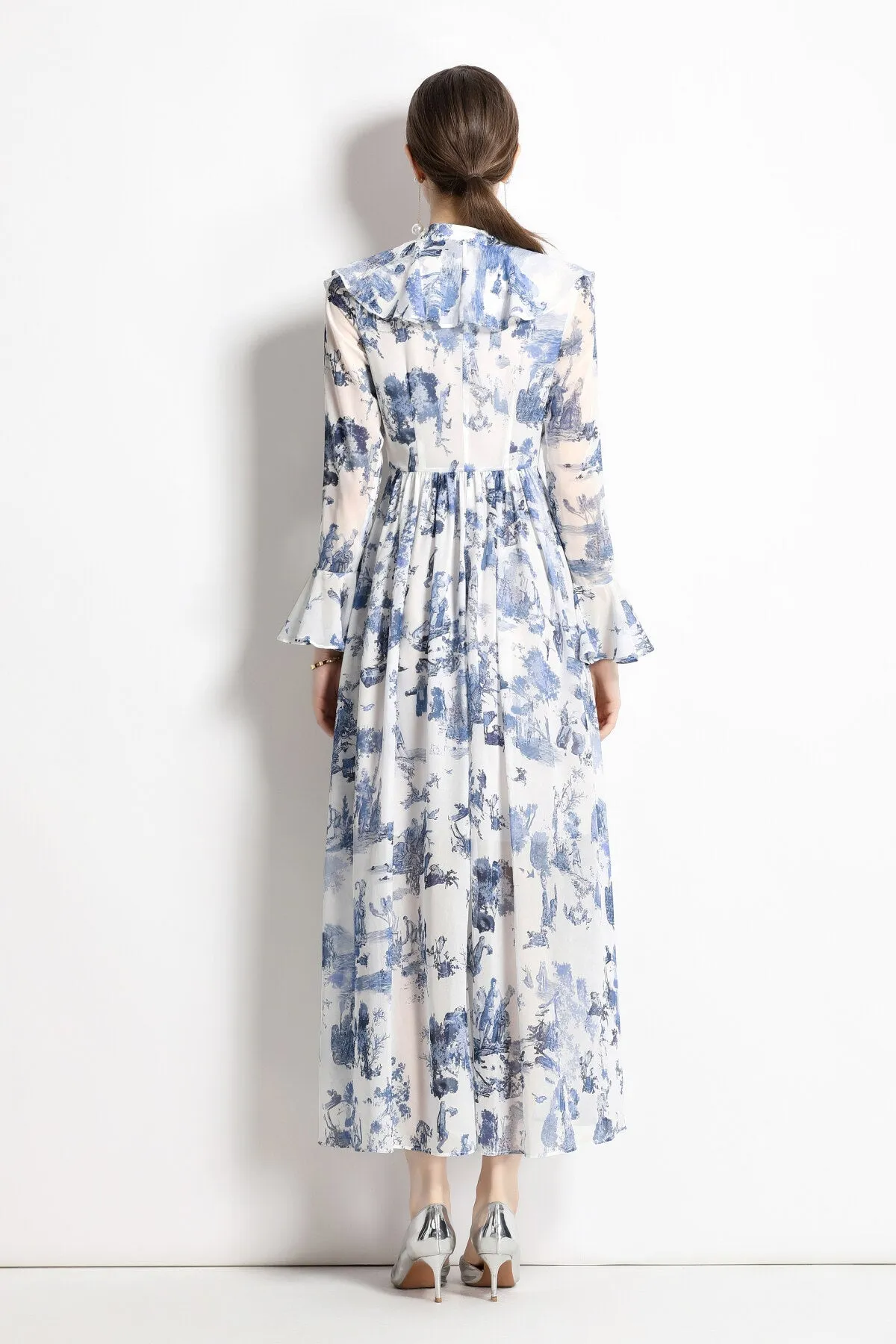 Sleeve Shirt Blue Global reach Porcelain Slim Express shipping Fit Dress Floral Long