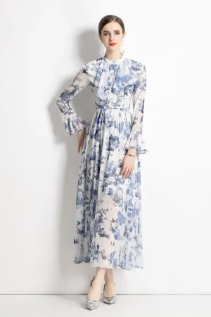 Sleeve Shirt Blue Global reach Porcelain Slim Express shipping Fit Dress Floral Long