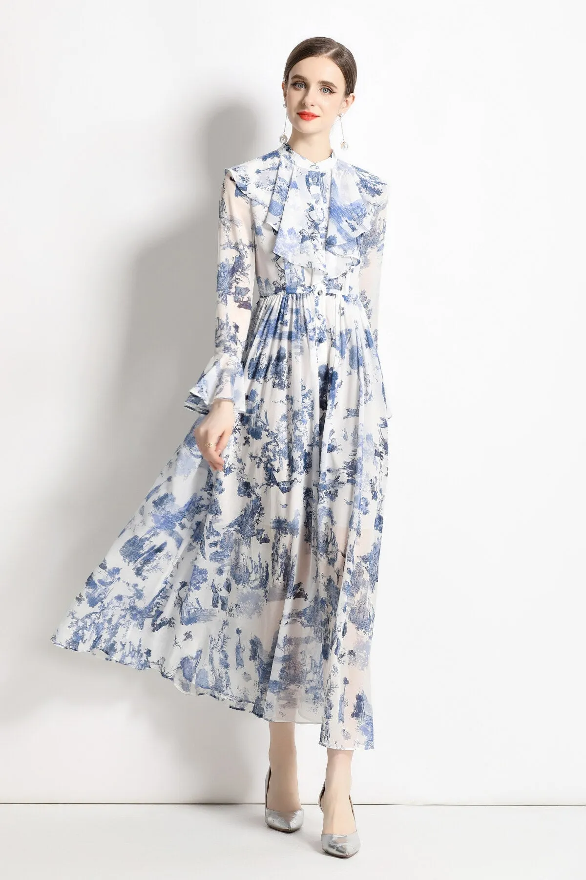 Sleeve Shirt Blue Global reach Porcelain Slim Express shipping Fit Dress Floral Long