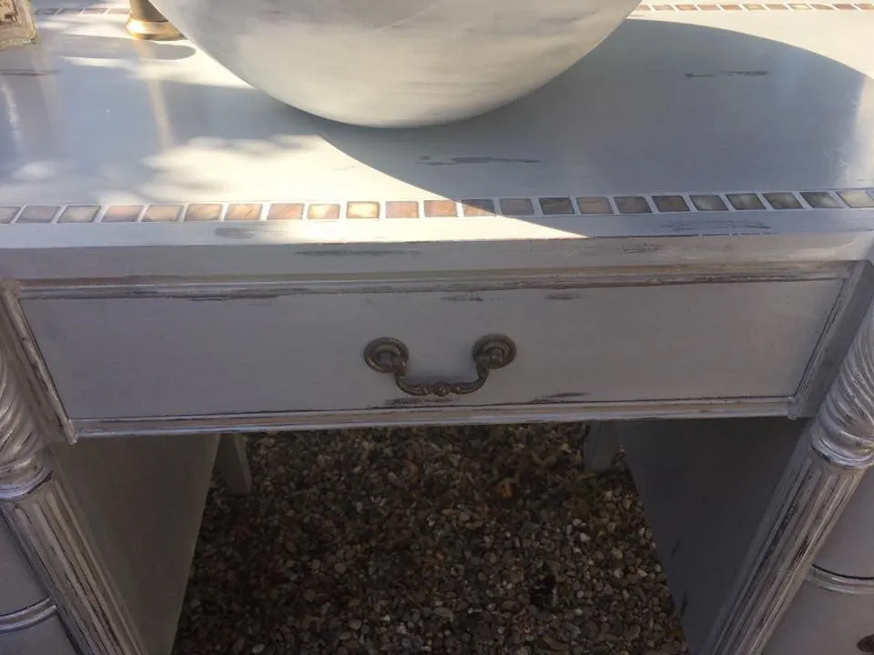 SOLD! Antique Bathroom Vanity, Cottage Chic, Grey, Mother of Pearl Tile Inlay, Marble  Vessel and Antique Bronze faucet