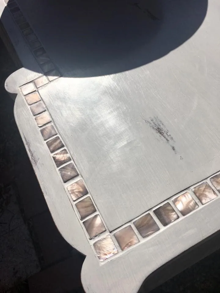 SOLD! Antique Bathroom Vanity, Cottage Chic, Grey, Mother of Pearl Tile Inlay, Marble  Vessel and Antique Bronze faucet