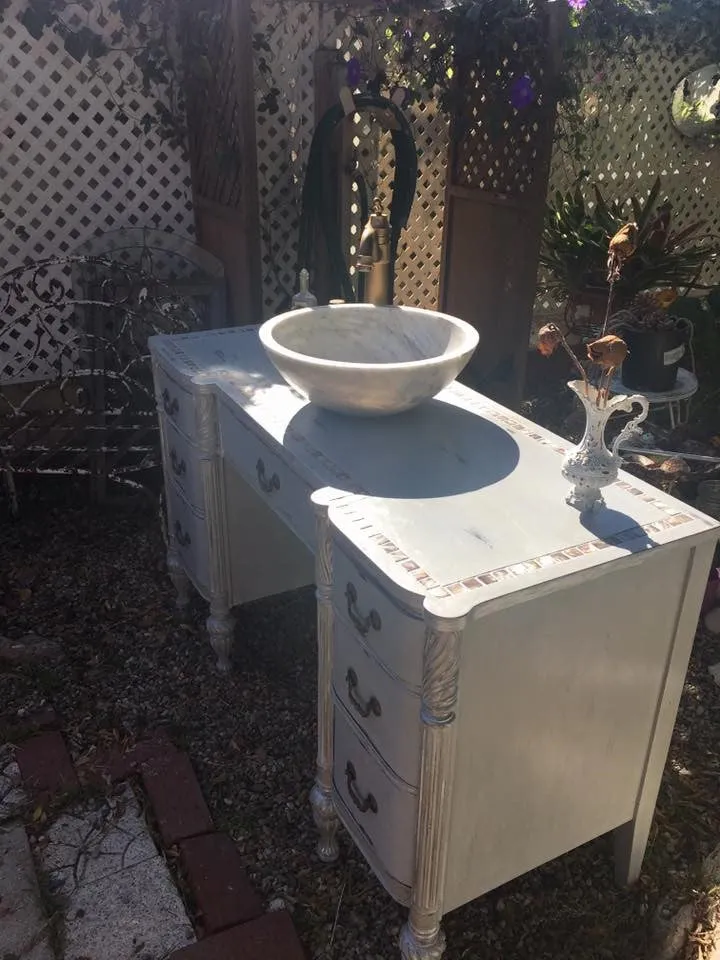 SOLD! Antique Bathroom Vanity, Cottage Chic, Grey, Mother of Pearl Tile Inlay, Marble  Vessel and Antique Bronze faucet