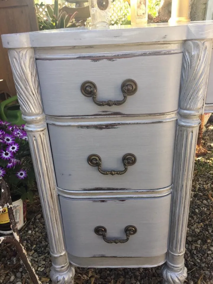 SOLD! Antique Bathroom Vanity, Cottage Chic, Grey, Mother of Pearl Tile Inlay, Marble  Vessel and Antique Bronze faucet