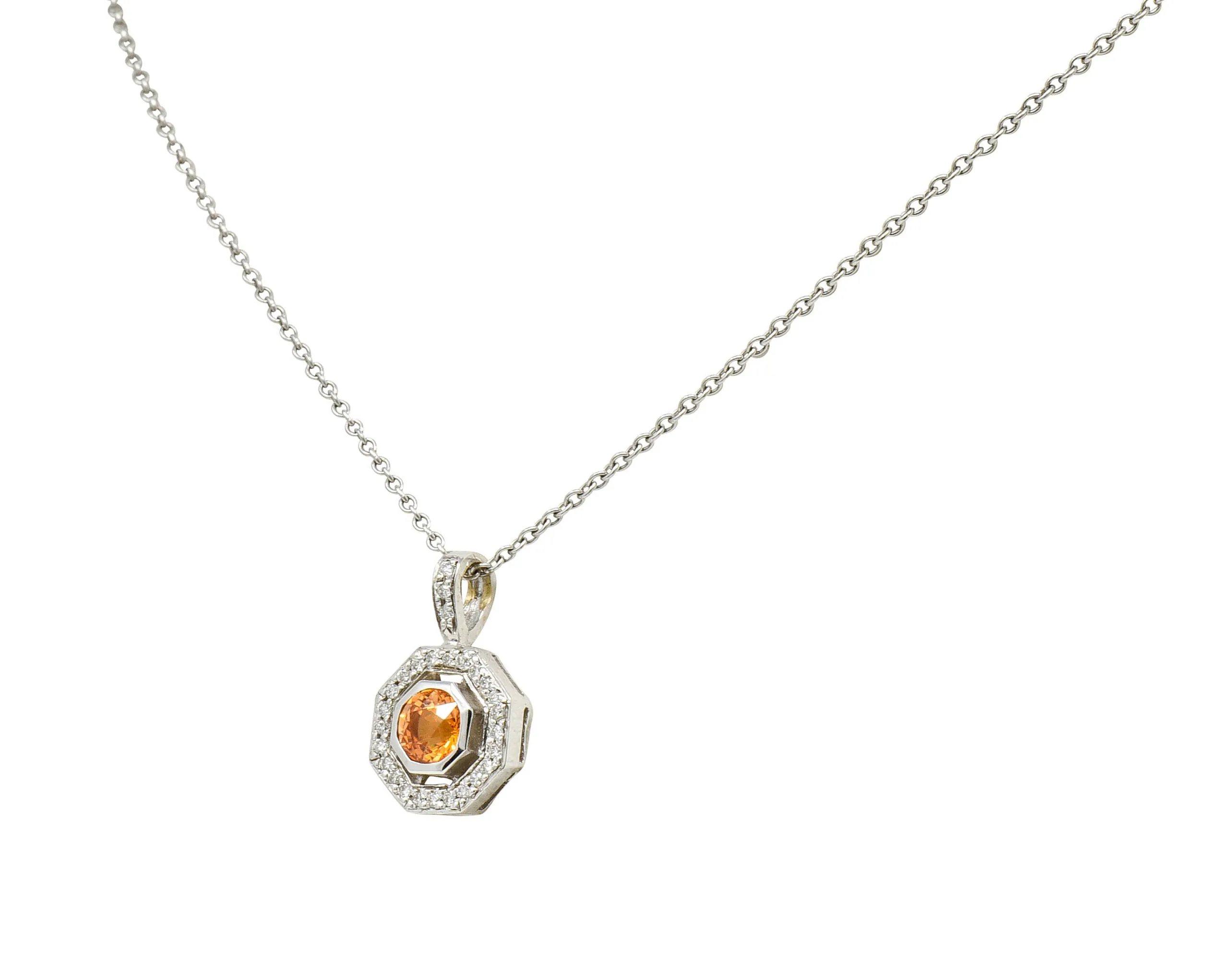 Spessartite Garnet Diamond 18 Karat White Gold Octagonal Pendant Necklace