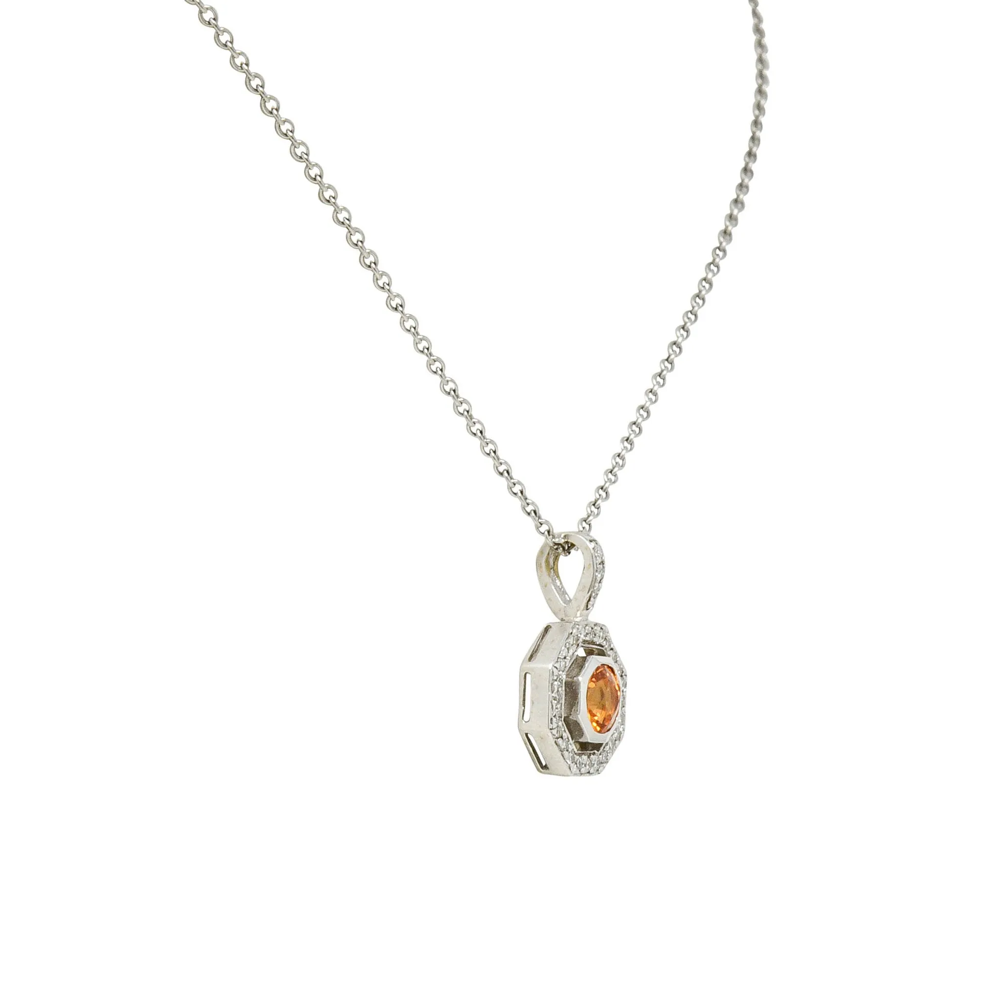 Spessartite Garnet Diamond 18 Karat White Gold Octagonal Pendant Necklace