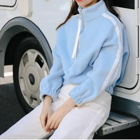 Striped Zip-Up Collar Warm Sweatshirt