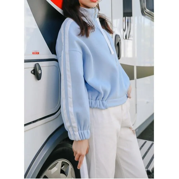 Striped Zip-Up Collar Warm Sweatshirt