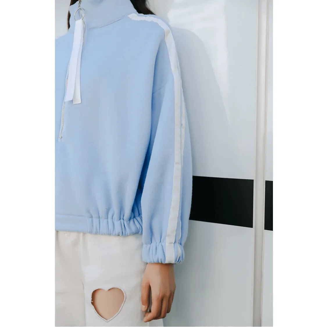 Striped Zip-Up Collar Warm Sweatshirt