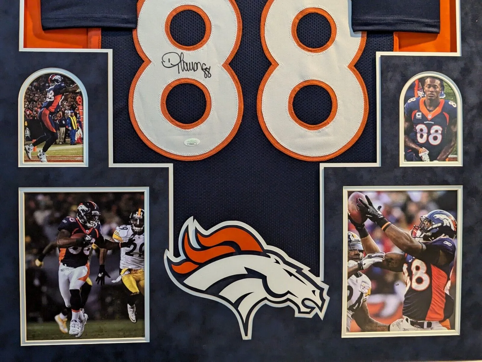SUEDE FRAMED DENVER BRONCOS DEMARYIUS THOMAS AUTOGRAPHED SIGNED JERSEY JSA COA
