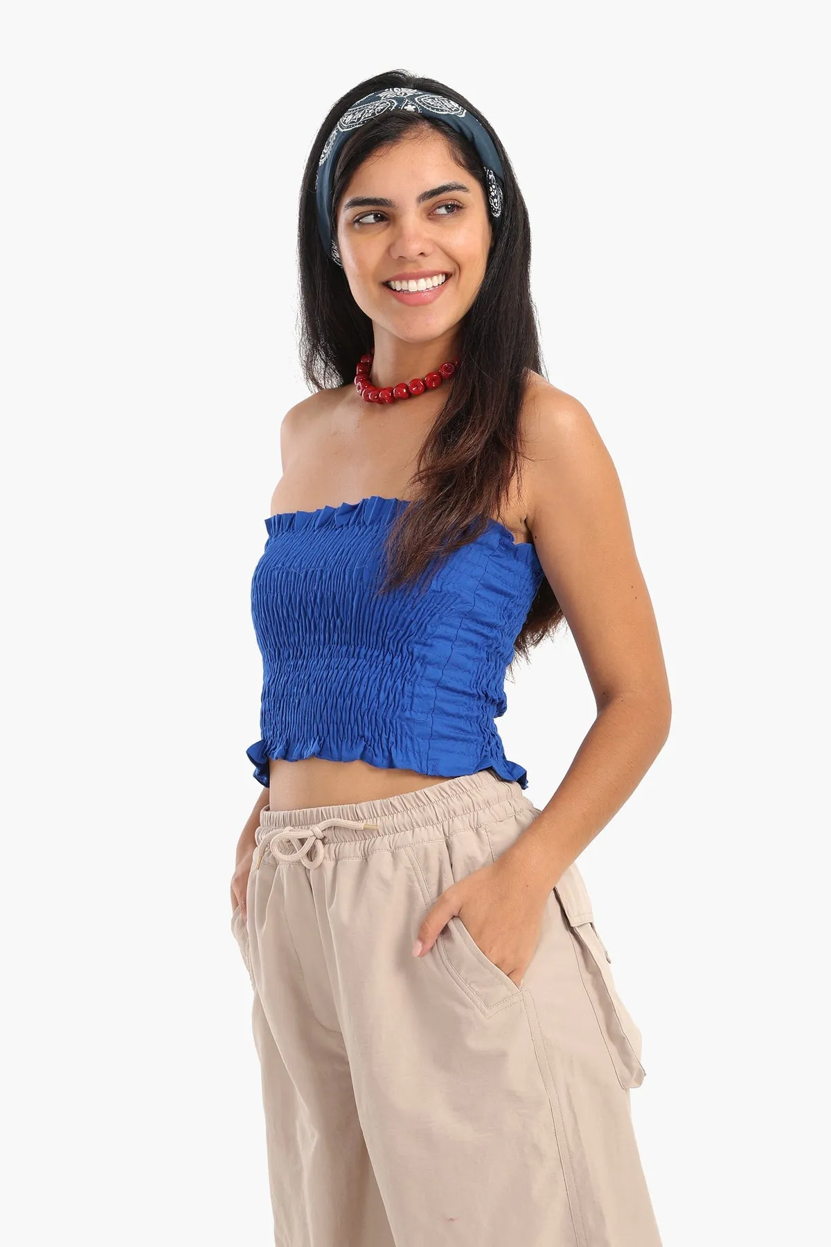 Textured Strapless Top with Frills