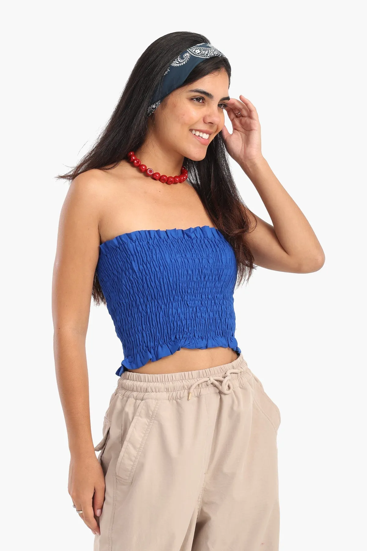 Textured Strapless Top with Frills