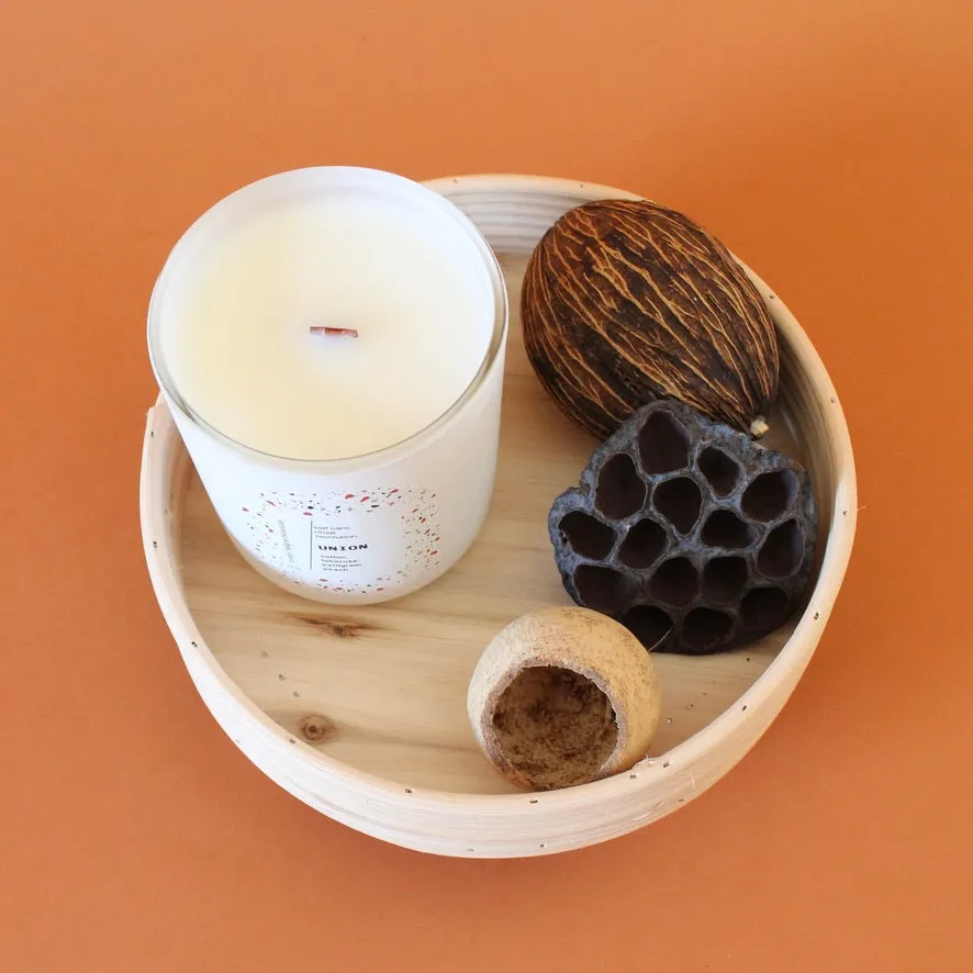 UNION Hand Poured Candle. Tuberose. Crisp Linen. Suede. Apricot. Wood Wick. 12 oz. Matte White.