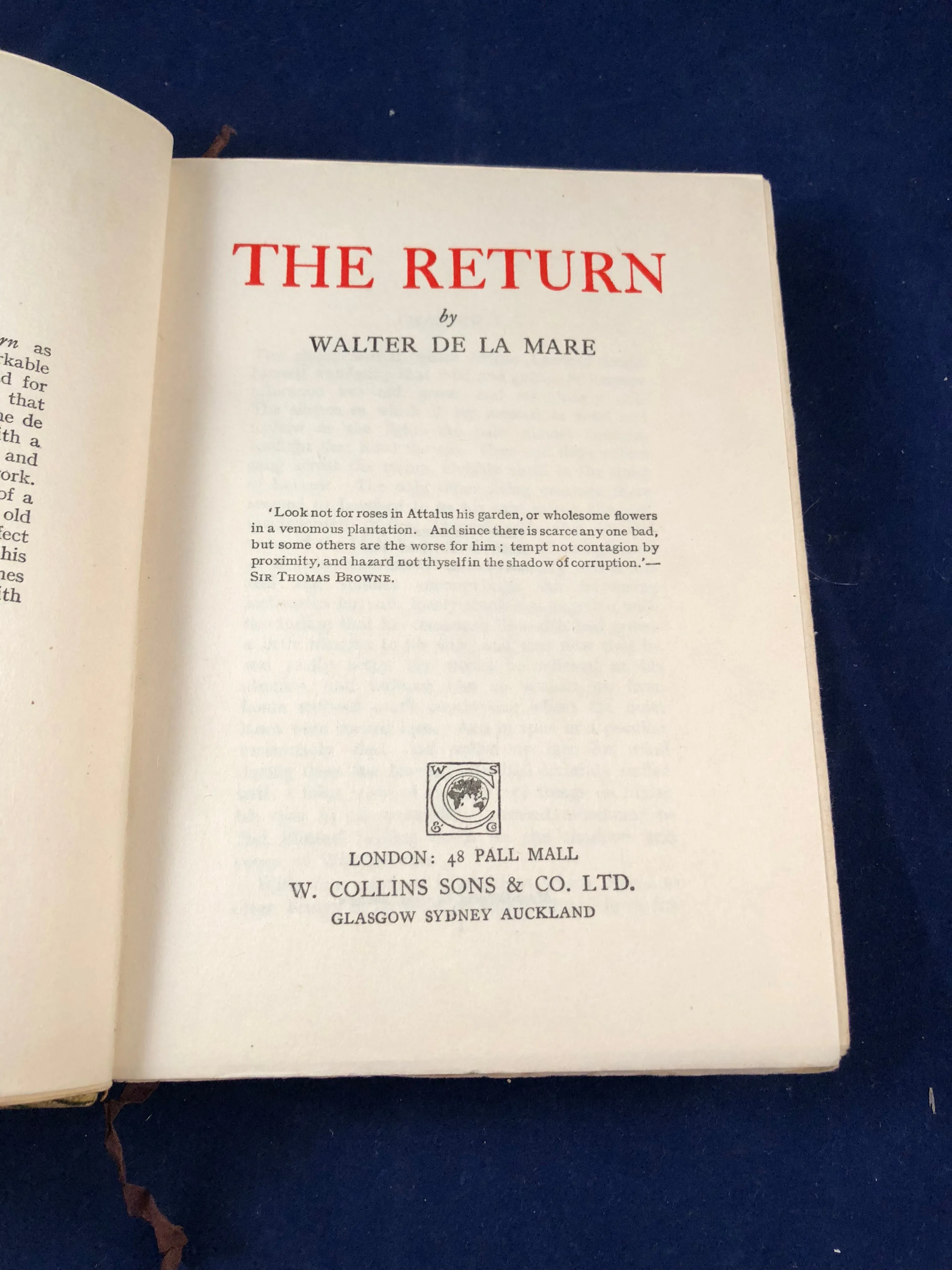 Walter De La Mare - The Return, Collins 1926, Presentation Edition in Suede with Box