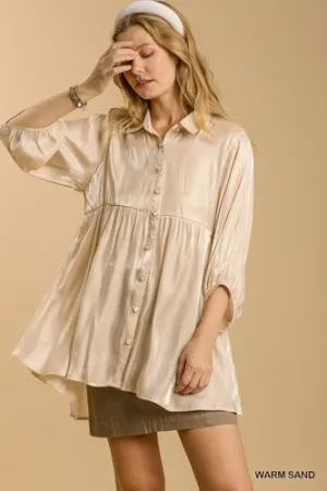 Warm Sand Metallic Button Front Tiered Shirt