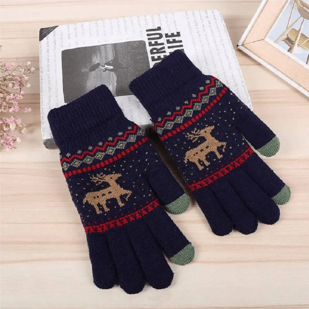 WARM, WINTER-READY, TOUCH-SCREEN-COMPATIBLE, THICKENED DOUBLE-LAYERED KNITTED GLOVES WITH A CARTOON DEER PATTERN