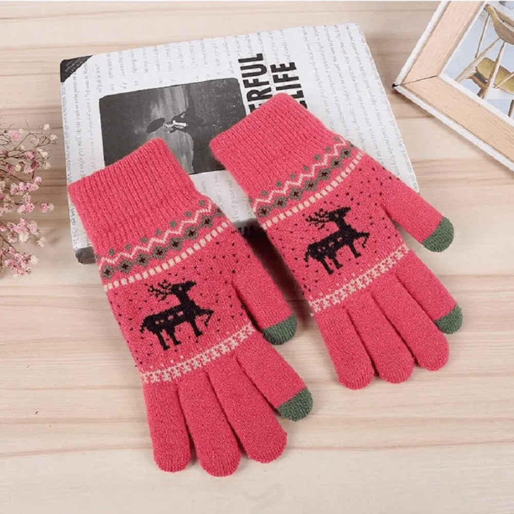 WARM, WINTER-READY, TOUCH-SCREEN-COMPATIBLE, THICKENED DOUBLE-LAYERED KNITTED GLOVES WITH A CARTOON DEER PATTERN