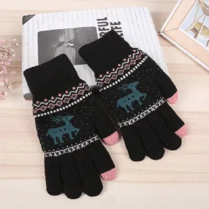 WARM, WINTER-READY, TOUCH-SCREEN-COMPATIBLE, THICKENED DOUBLE-LAYERED KNITTED GLOVES WITH A CARTOON DEER PATTERN