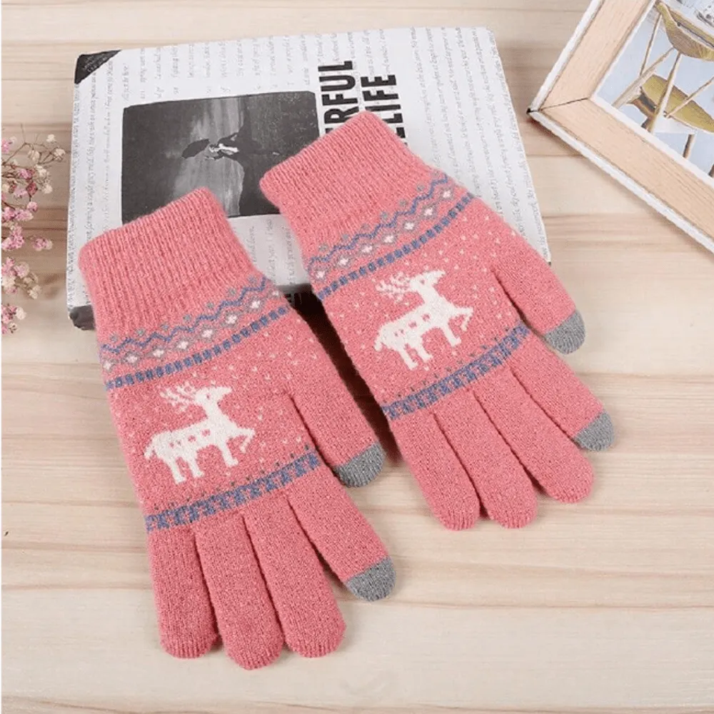 WARM, WINTER-READY, TOUCH-SCREEN-COMPATIBLE, THICKENED DOUBLE-LAYERED KNITTED GLOVES WITH A CARTOON DEER PATTERN