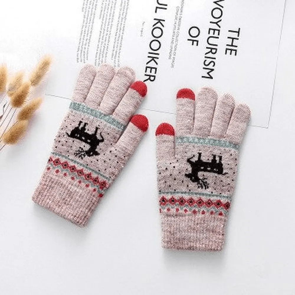WARM, WINTER-READY, TOUCH-SCREEN-COMPATIBLE, THICKENED DOUBLE-LAYERED KNITTED GLOVES WITH A CARTOON DEER PATTERN