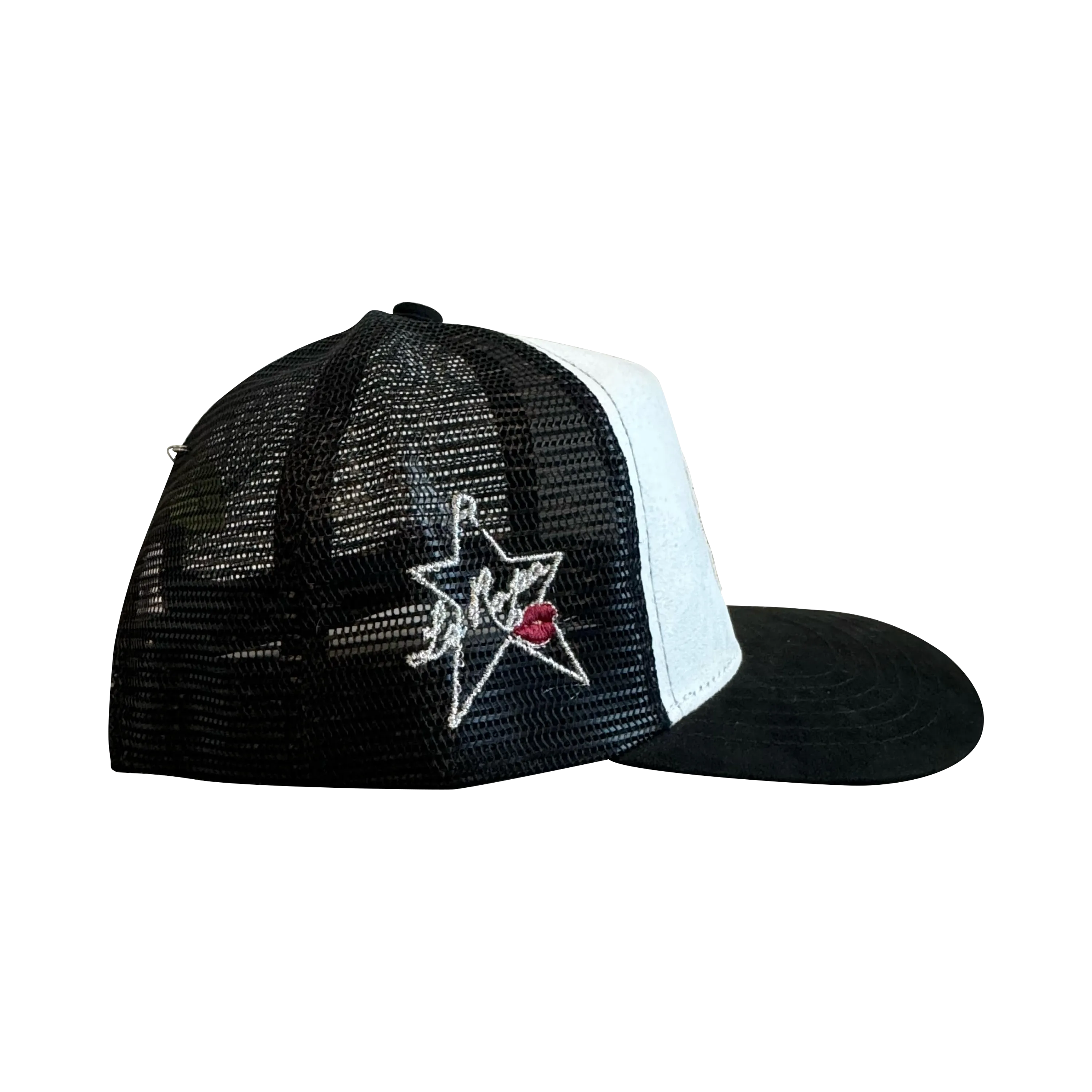 WHITE SUEDE SNAKE LIPS TRUCKER HAT