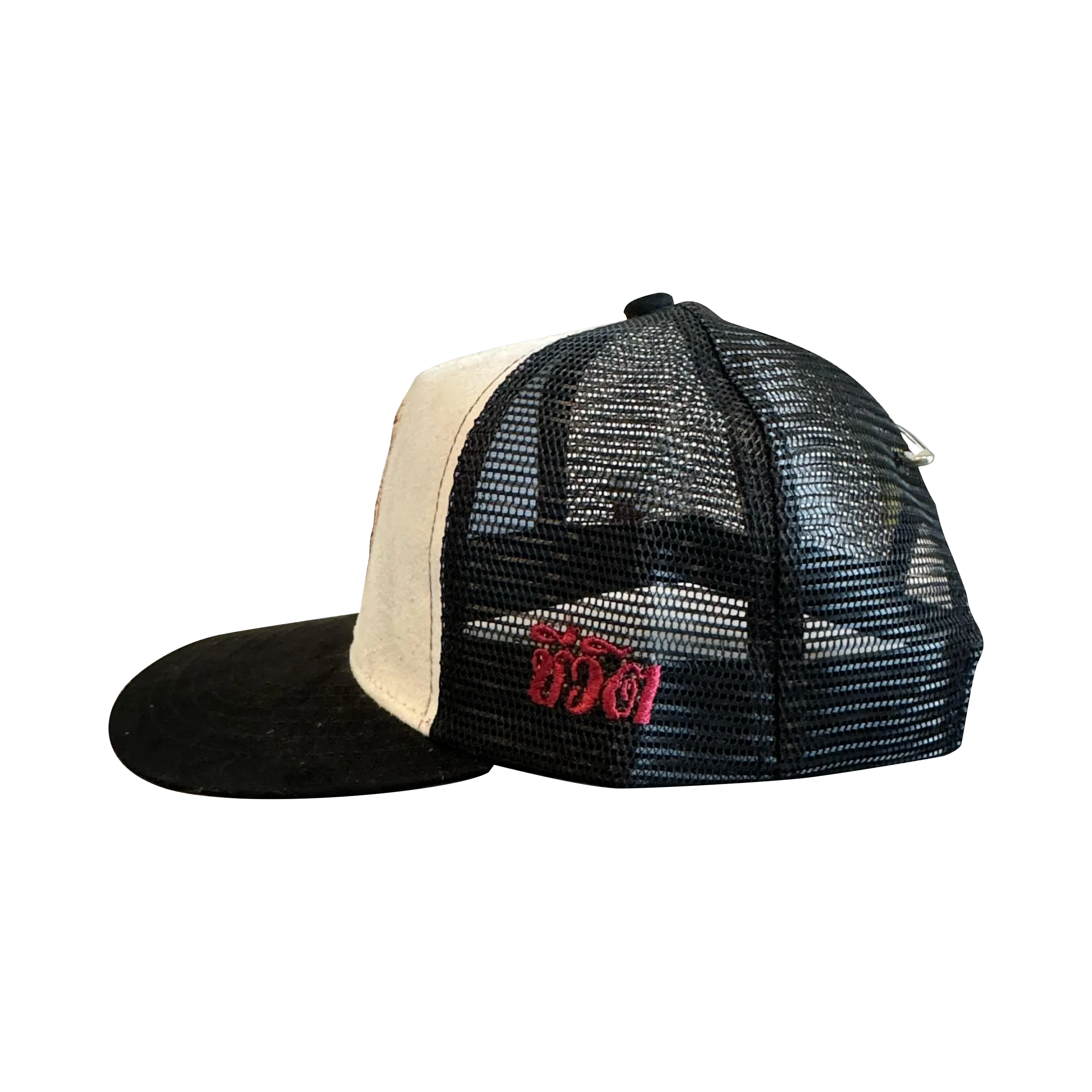 WHITE SUEDE SNAKE LIPS TRUCKER HAT