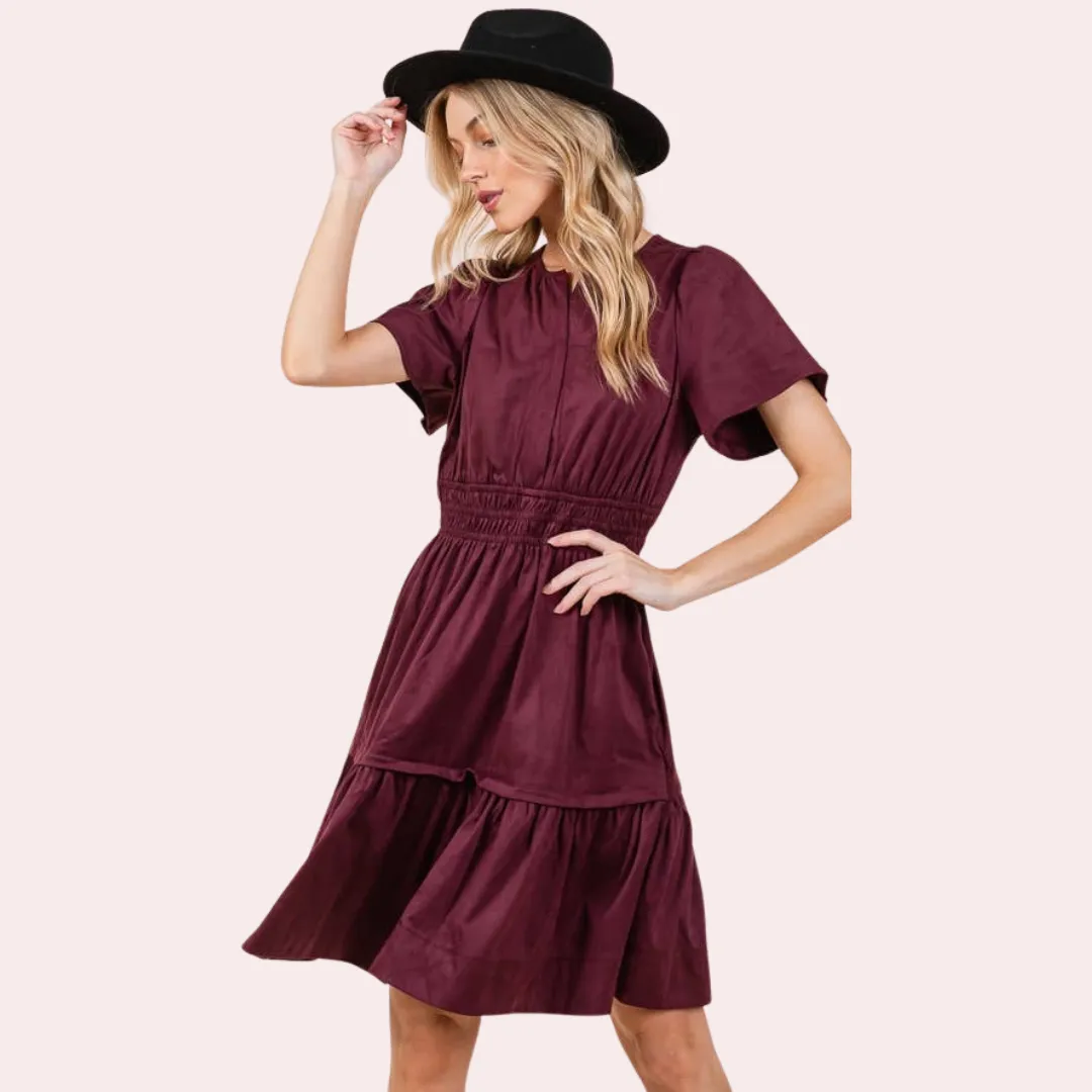 Wine Short Sleeve Suede  Dress