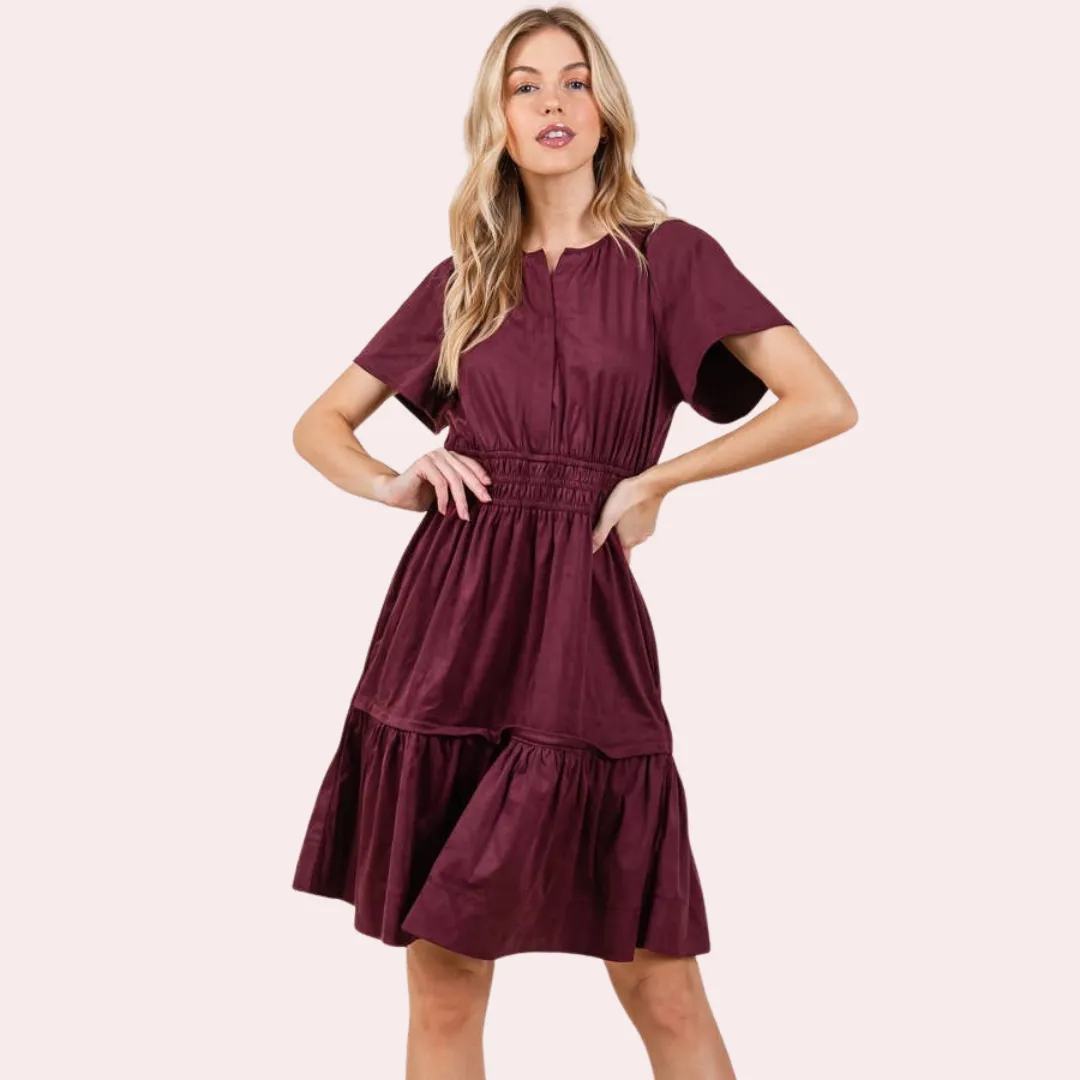 Wine Short Sleeve Suede  Dress