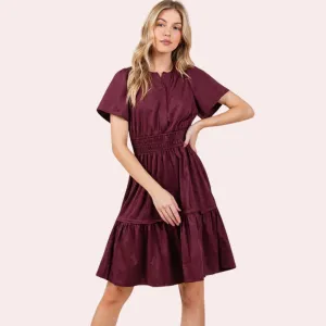 Wine Short Sleeve Suede  Dress