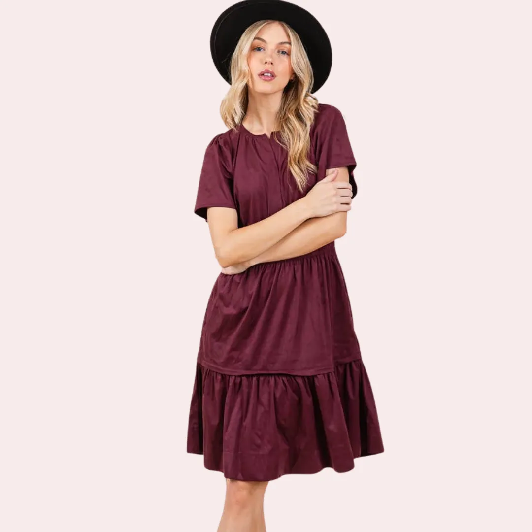 Wine Short Sleeve Suede  Dress
