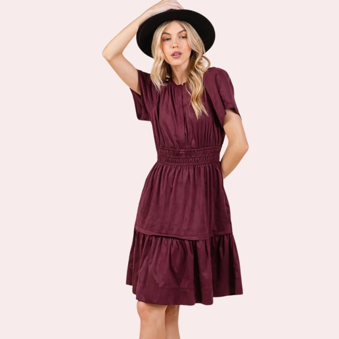Wine Short Sleeve Suede  Dress