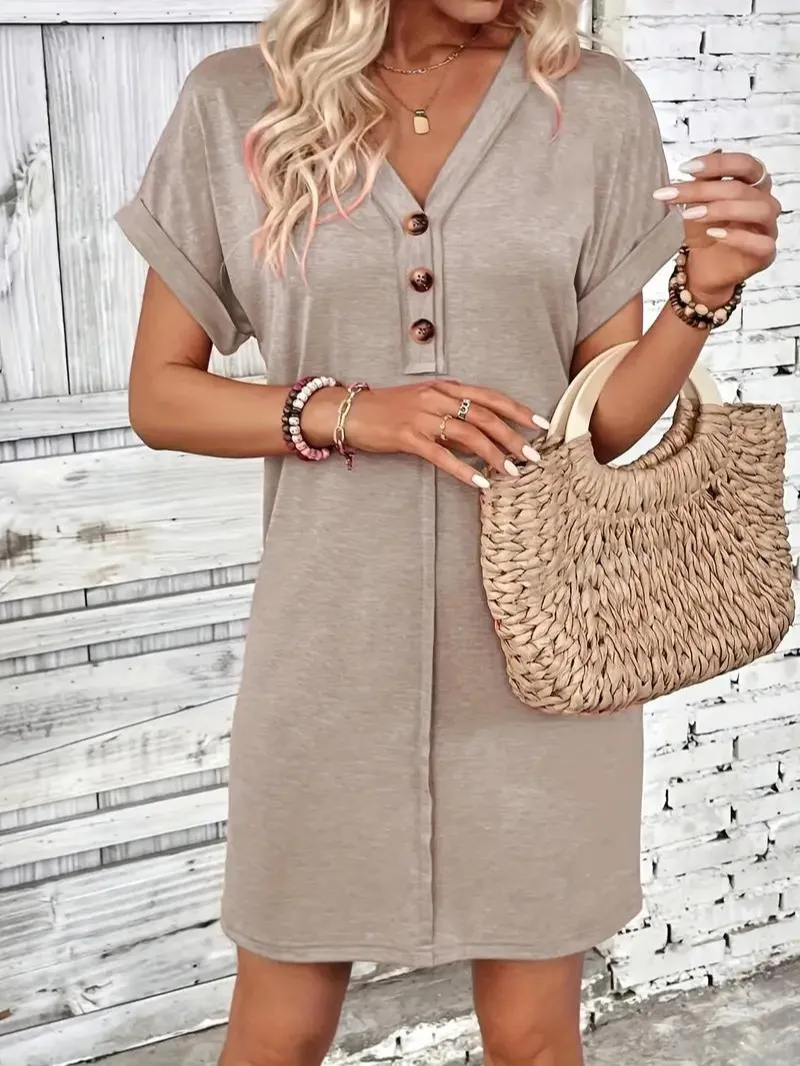 Women's Casual Dress - V-Neck Button Front - Short Sleeve Loose Fit - Lightweight Breathable