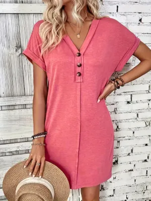Women's Casual Dress - V-Neck Button Front - Short Sleeve Loose Fit - Lightweight Breathable