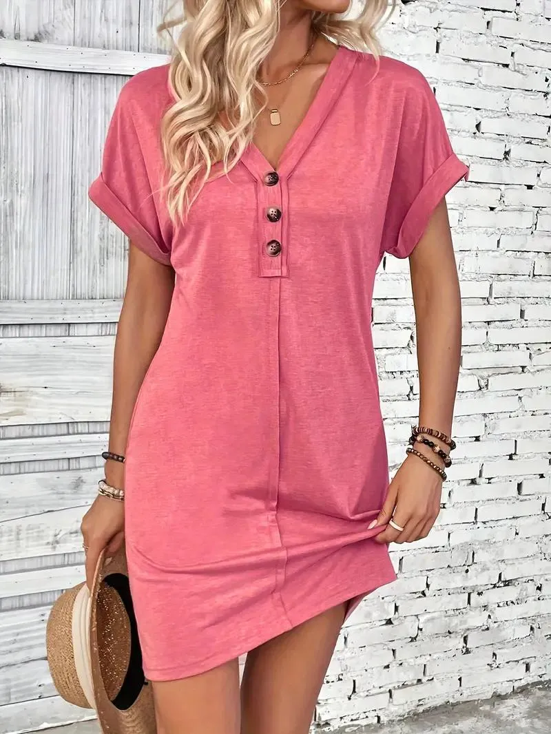 Women's Casual Dress - V-Neck Button Front - Short Sleeve Loose Fit - Lightweight Breathable