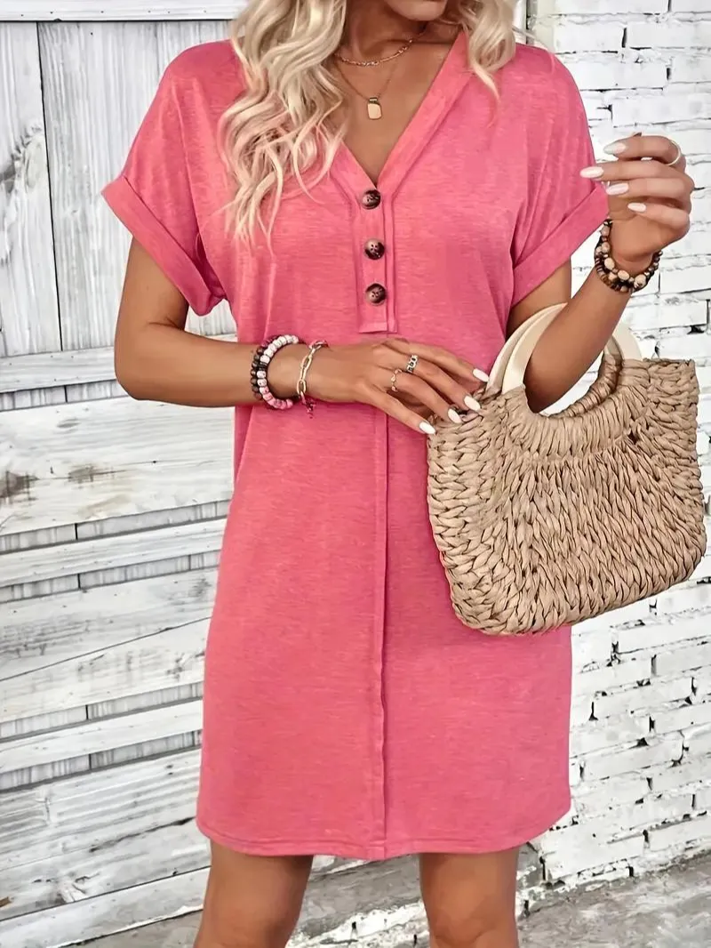 Women's Casual Dress - V-Neck Button Front - Short Sleeve Loose Fit - Lightweight Breathable