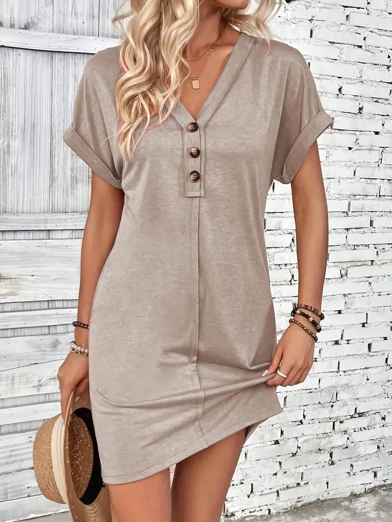 Women's Casual Dress - V-Neck Button Front - Short Sleeve Loose Fit - Lightweight Breathable