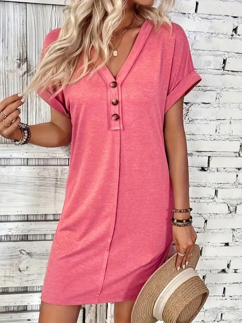 Women's Casual Dress - V-Neck Button Front - Short Sleeve Loose Fit - Lightweight Breathable