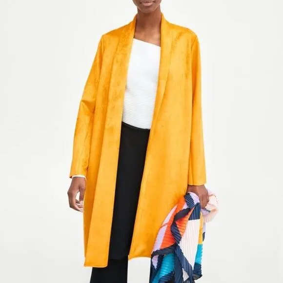 ZARA Faux Suede Open Front Coat With Lapel Collar &amp; Long Sleeves Women’s Small