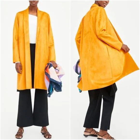 ZARA Faux Suede Open Front Coat With Lapel Collar &amp; Long Sleeves Women’s Small